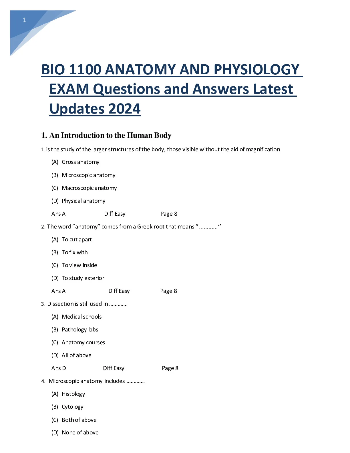 BIO 1100 ANATOMY AND PHYSIOLOGY EXAM Questions - DocMerit