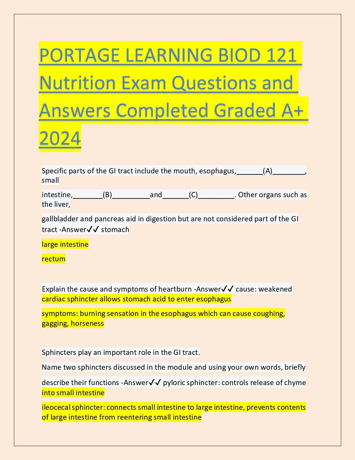 PORTAGE LEARNING BIOD 121 Nutrition Exam Questions and Answers ...