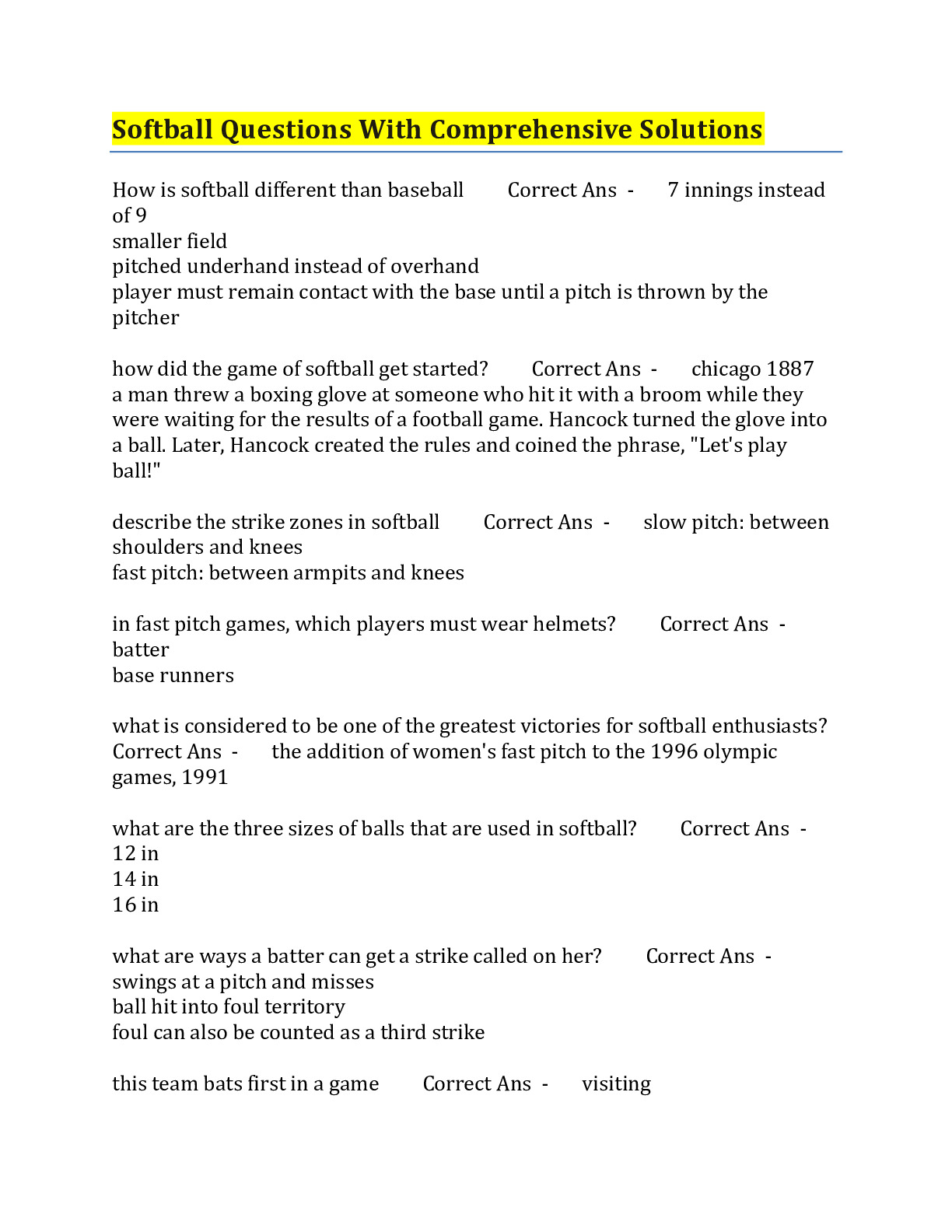 Softball Exam Questions With Complete Solutions DocMerit