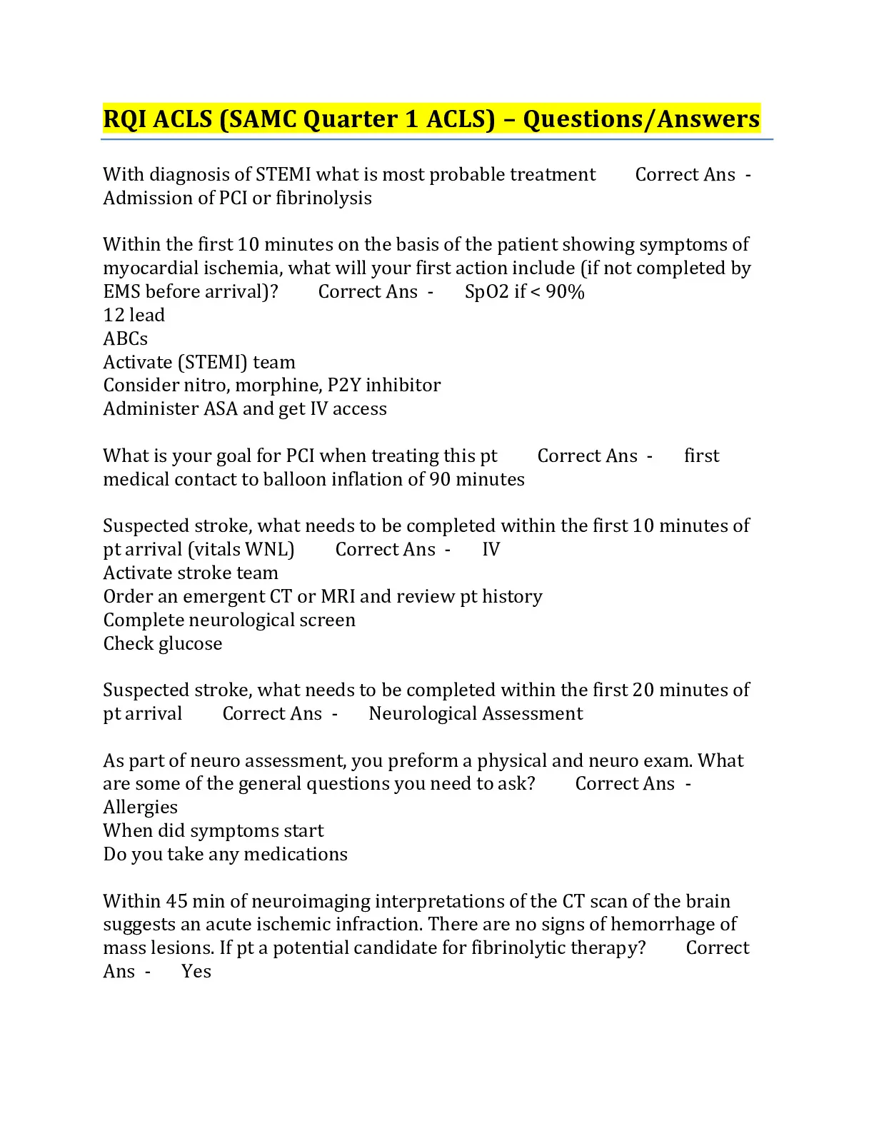 RQI ACLS (SAMC Quarter 1 ACLS) – Questions/Answers - DocMerit