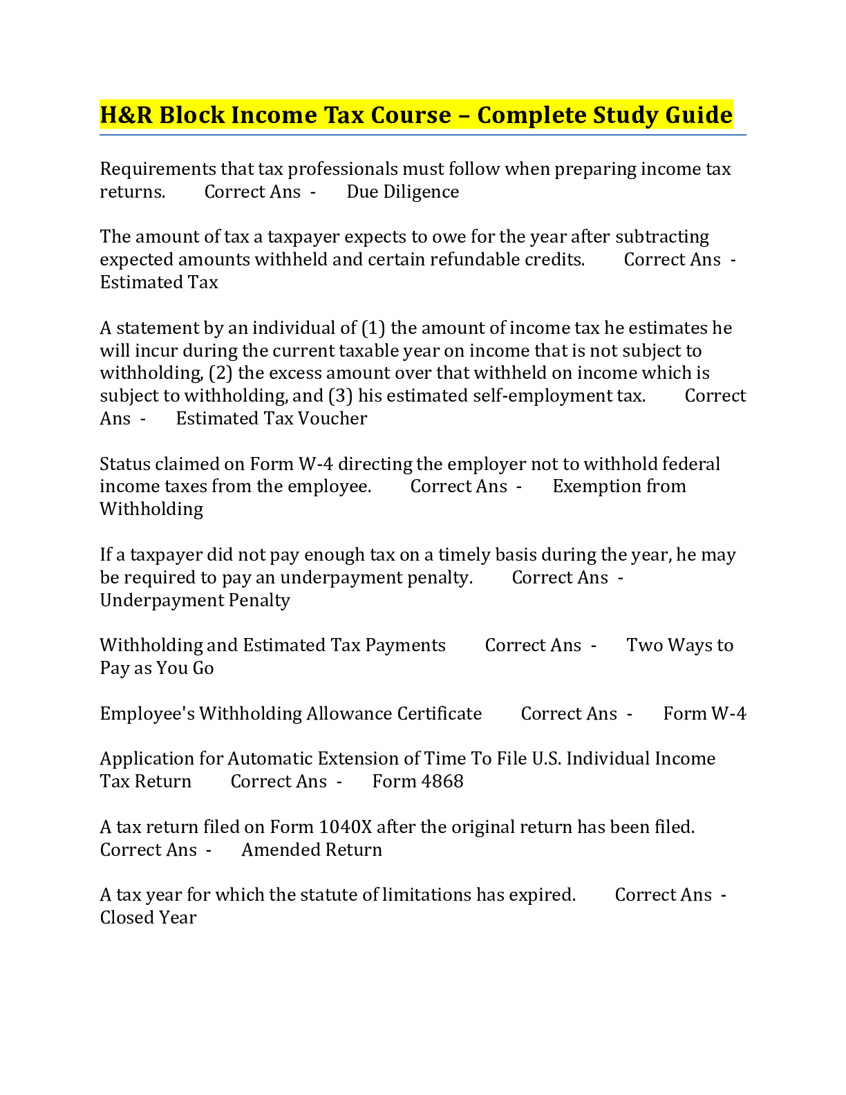 H&R Block Tax Course (2023 2024) Complete Solution DocMerit