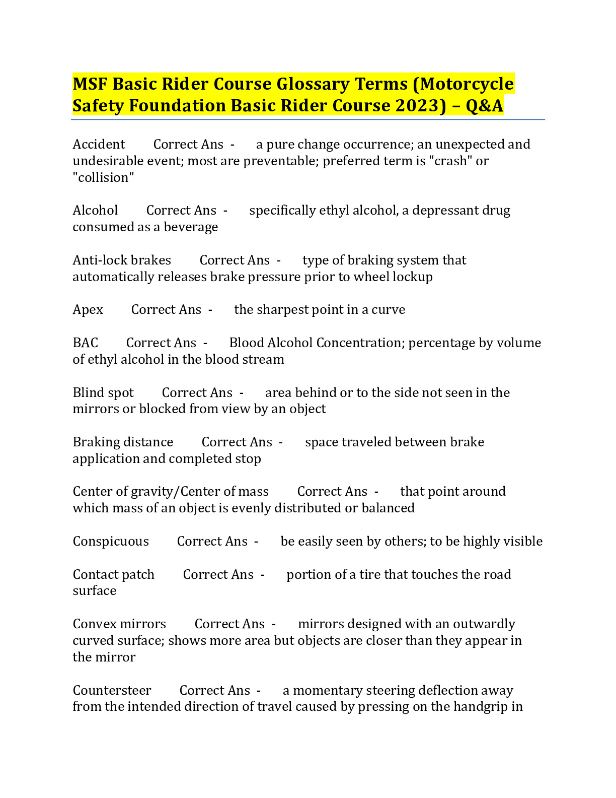 MSF Basic Rider Course Glossary Terms (Motorcycle Safety 
