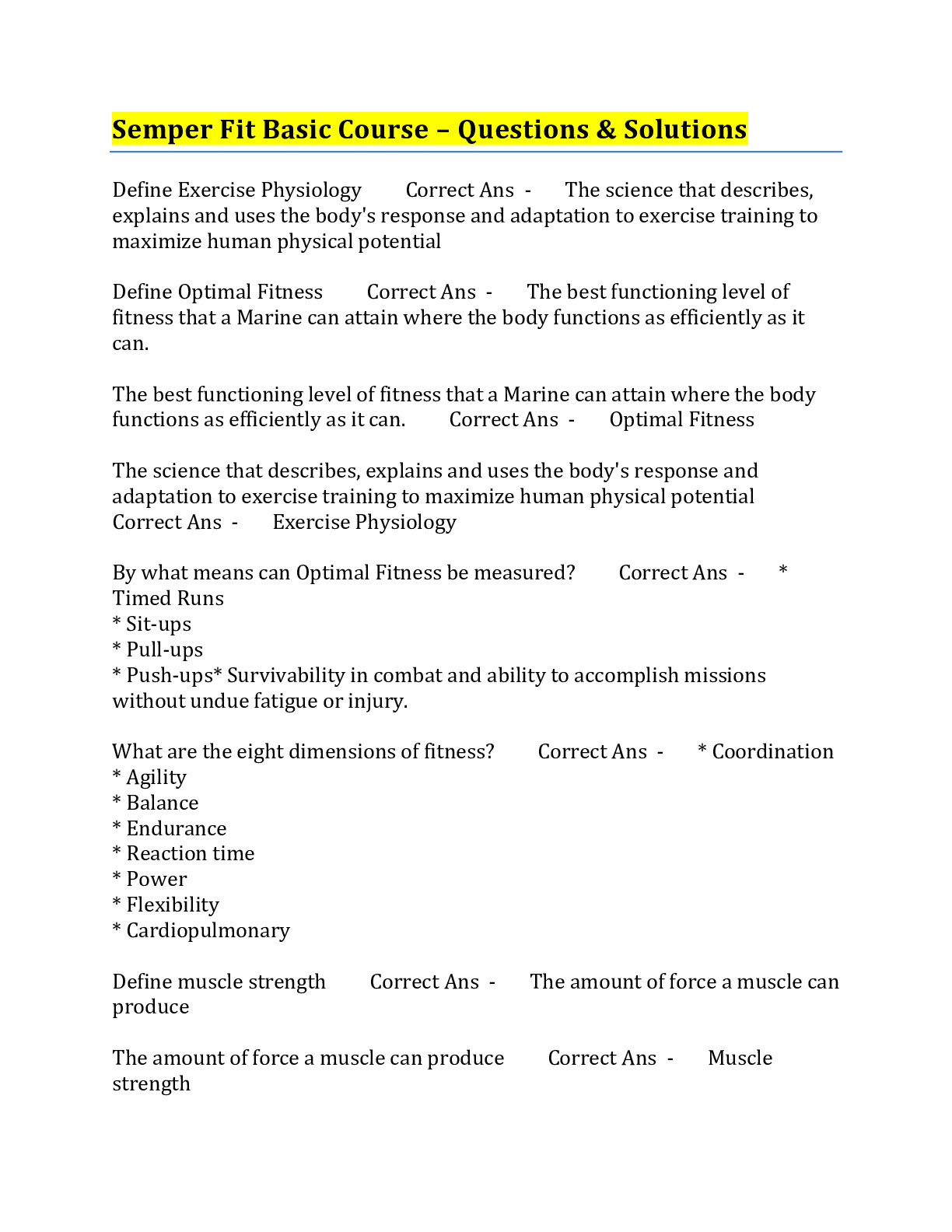 Semper Fit Basic Fitness Course Marinenet Test Questions With Complete