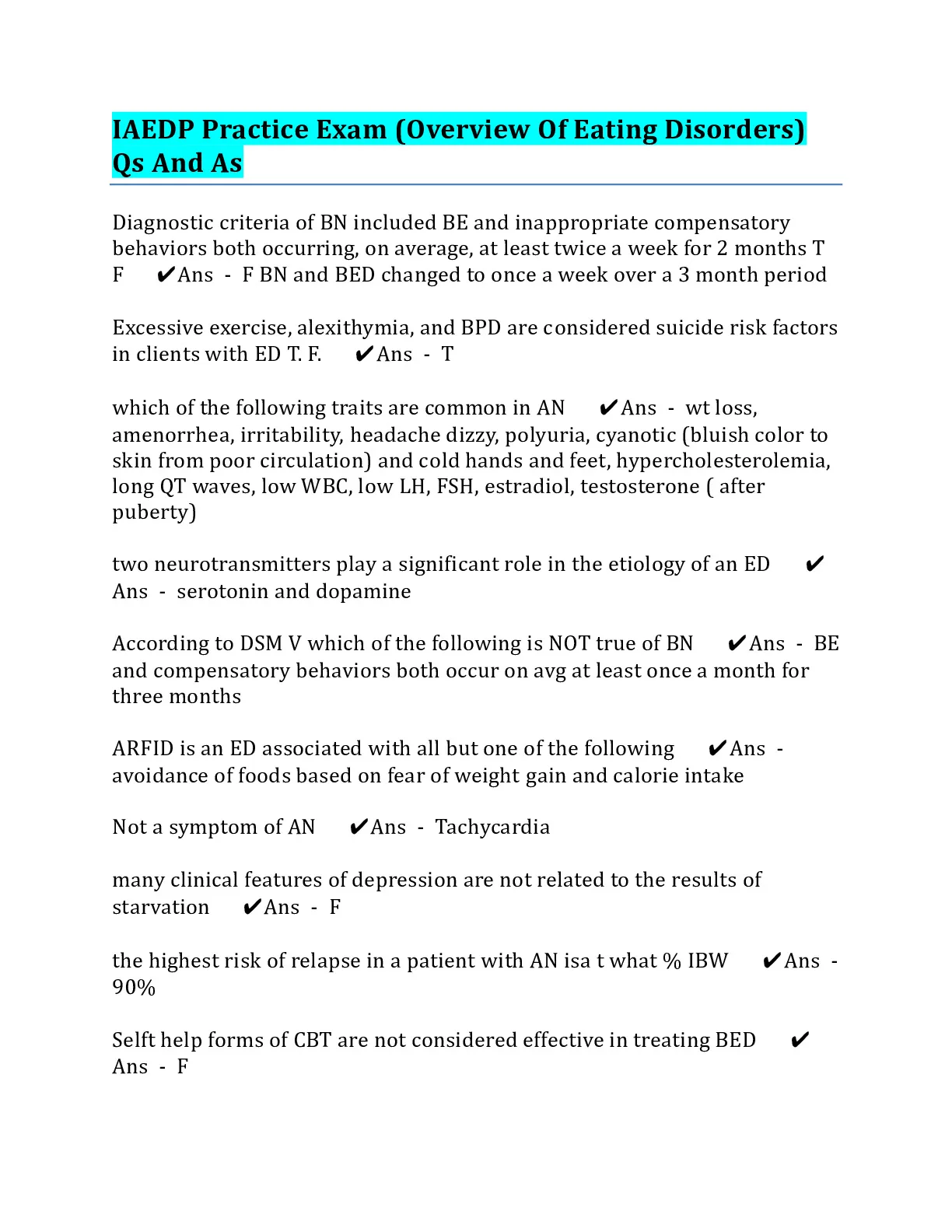 IAEDP Practice Exam (Overview Of Eating Disorders) Qs And As - DocMerit