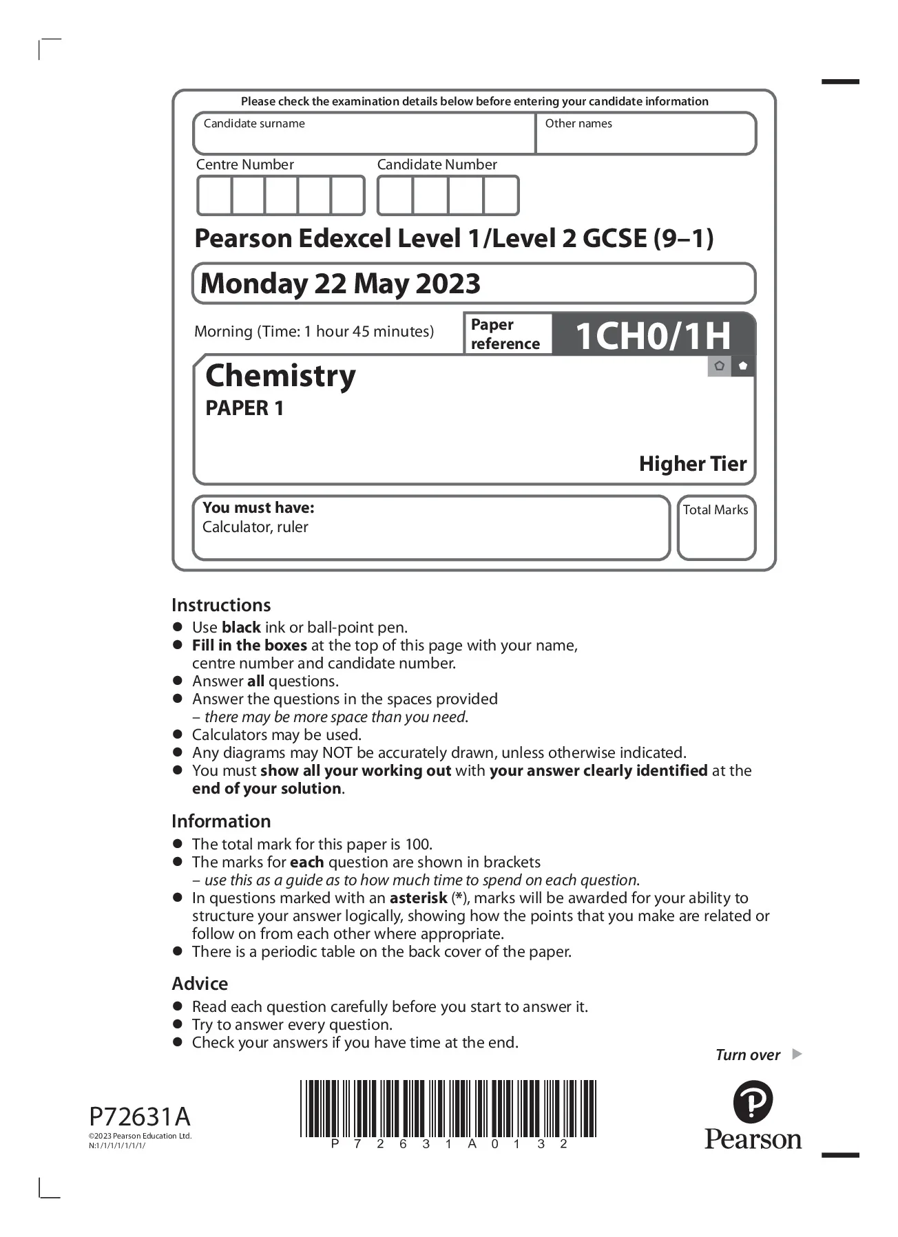 GCSE EDEXCEL CHEMISTRY May 2023 PAPER 1 Question Paper + Mark Scheme ...
