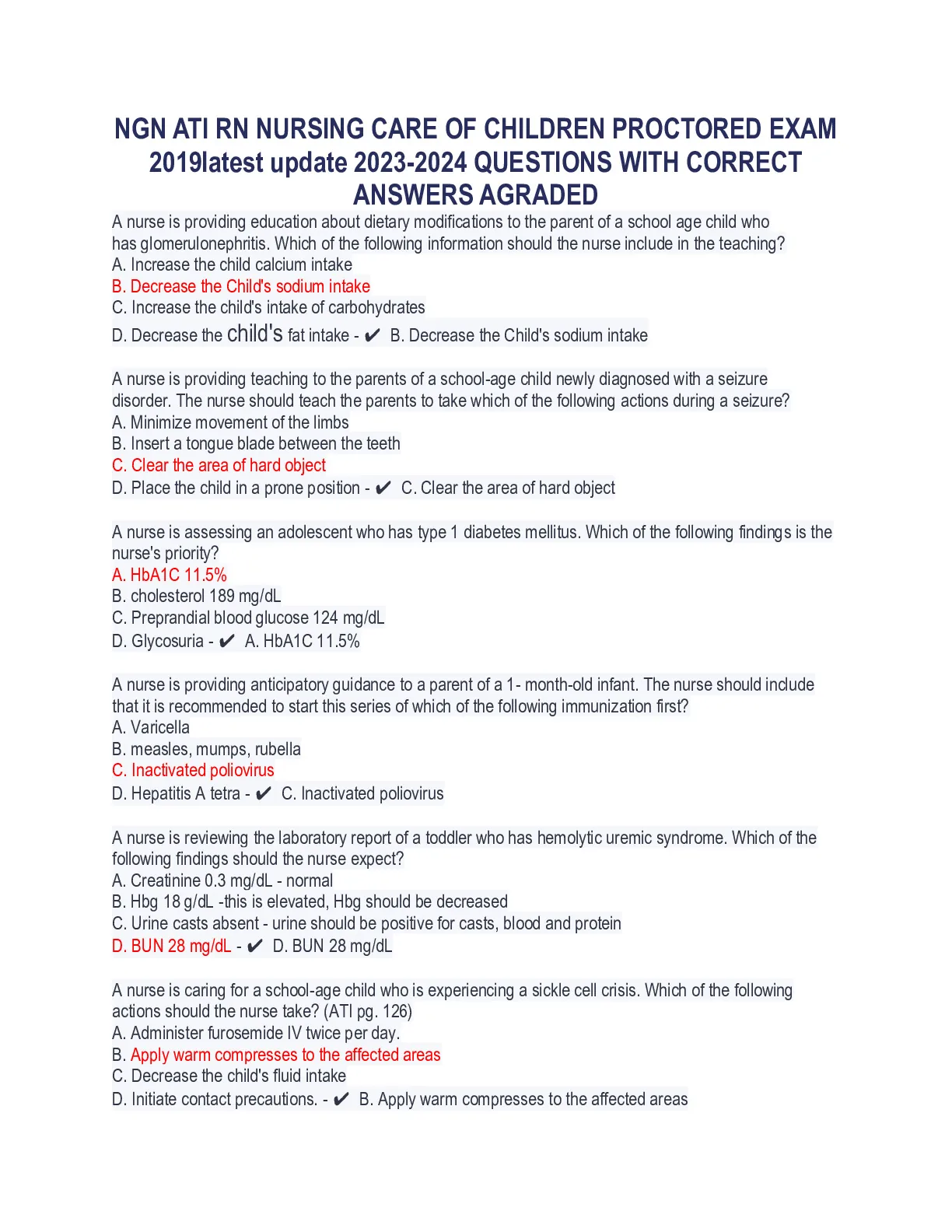 NGN ATI RN NURSING CARE OF CHILDREN PROCTORED EXAM 2019latest update ...