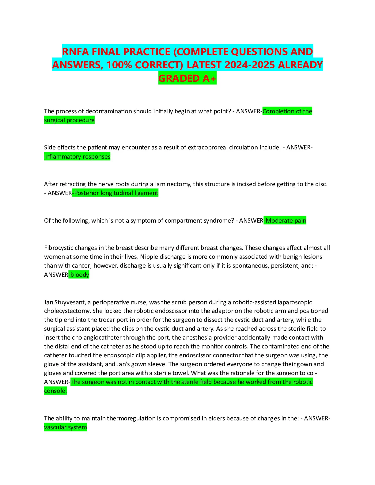 RNFA FINAL PRACTICE (COMPLETE QUESTIONS AND ANSWERS, CORRECT) LATEST ...