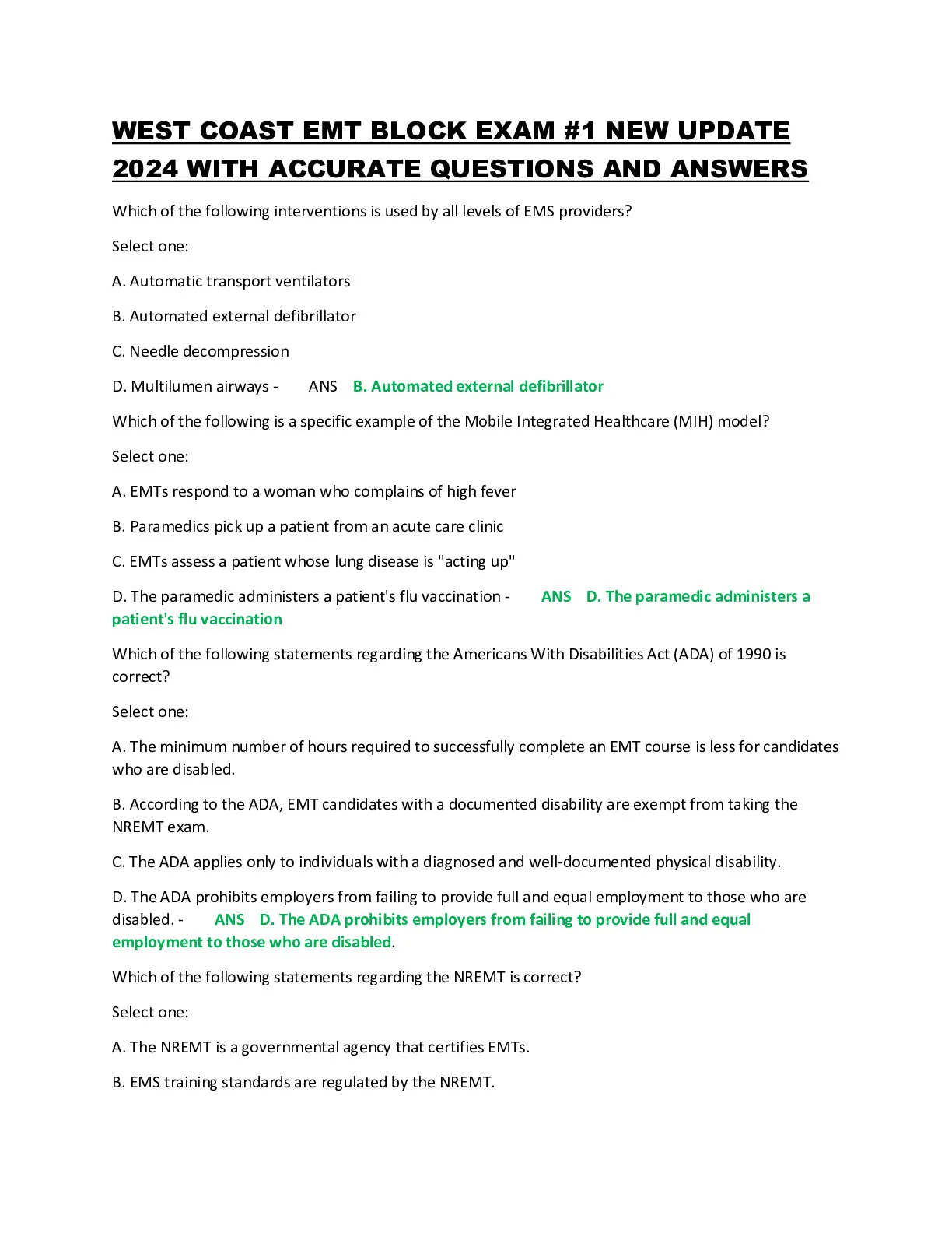 WEST COAST EMT BLOCK EXAM 1 NEW UPDATE 2024 WITH ACCURATE QUESTIONS AND ...
