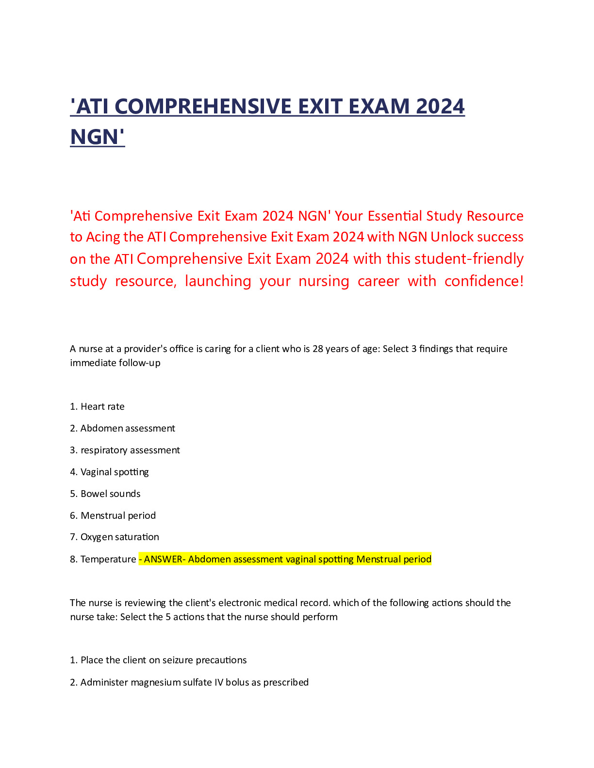 'ATI COMPREHENSIVE EXIT EXAM 2024 NGN' DocMerit