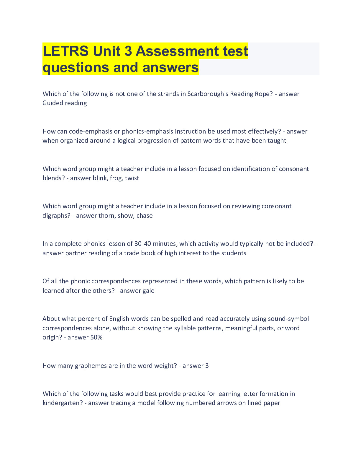 LETRS Unit 3 Assessment test questions and answers - DocMerit