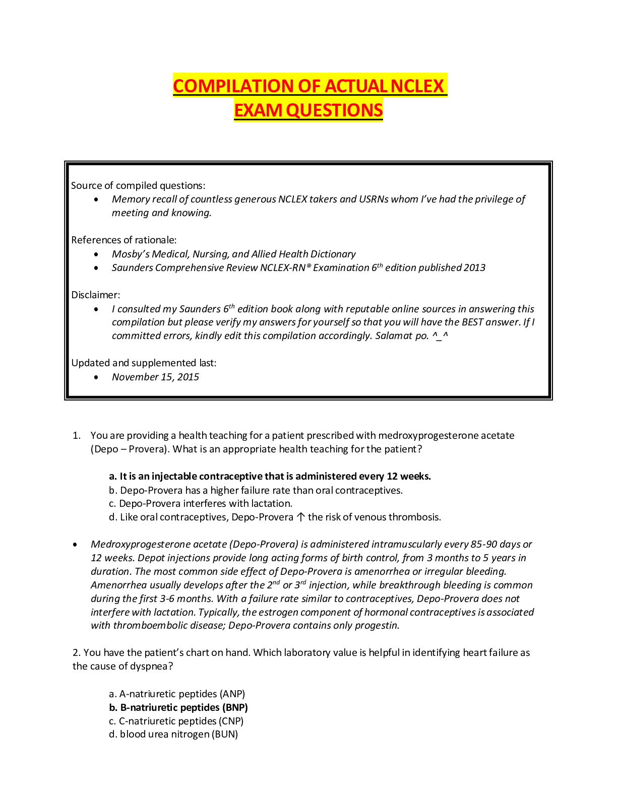 COMPILATION OF ACTUAL NCLEX EXAM QUESTIONS AND ANSWERS