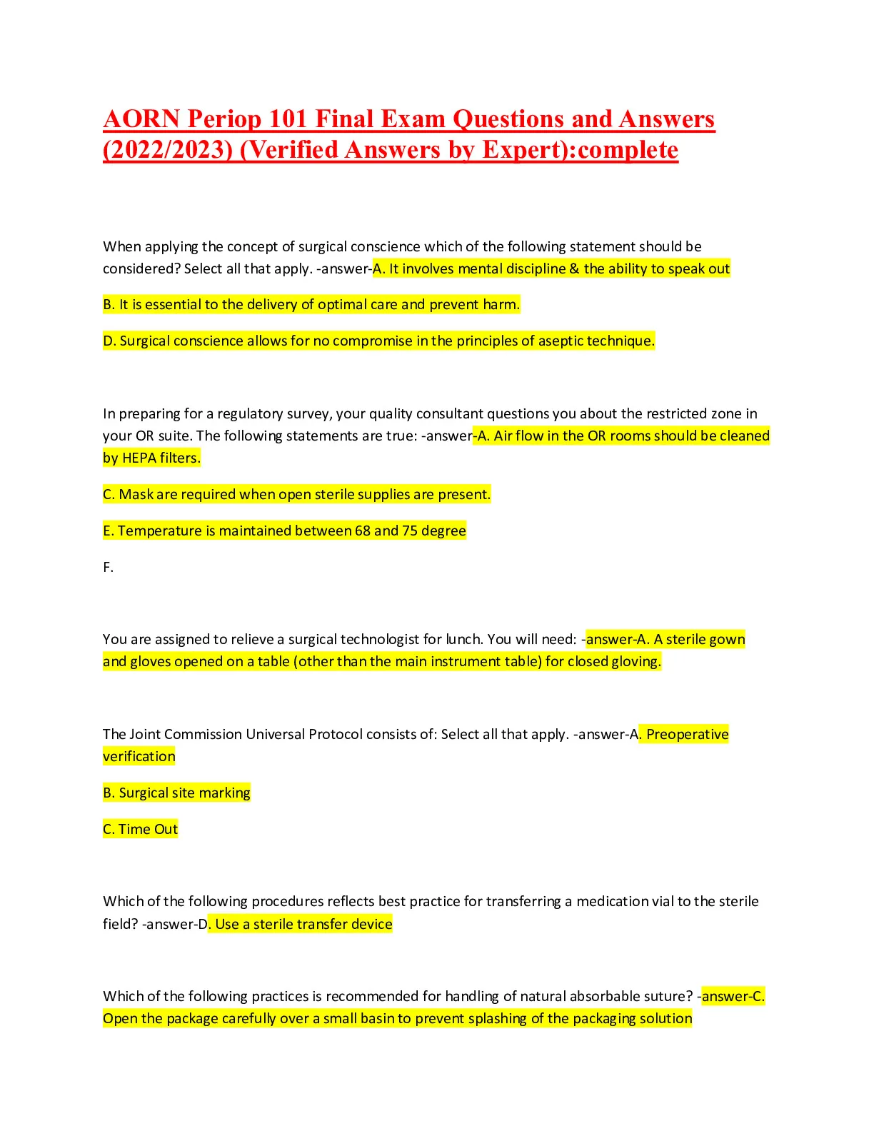 AORN Periop 101 Final Exam Questions and Answers (2022/2023) ( by Expert):complete - DocMerit