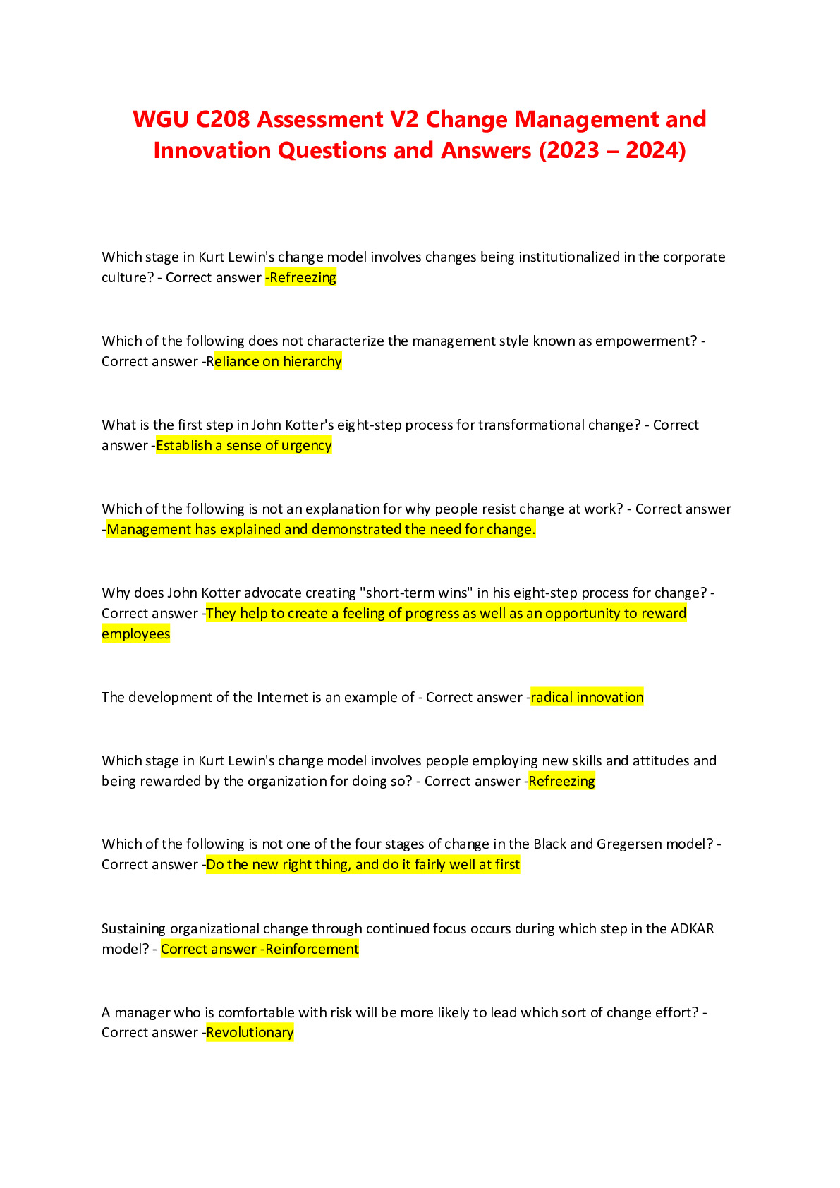 WGU C208 Assessment V2 Change Management and Innovation Questions and Answers (2023 – 2024)