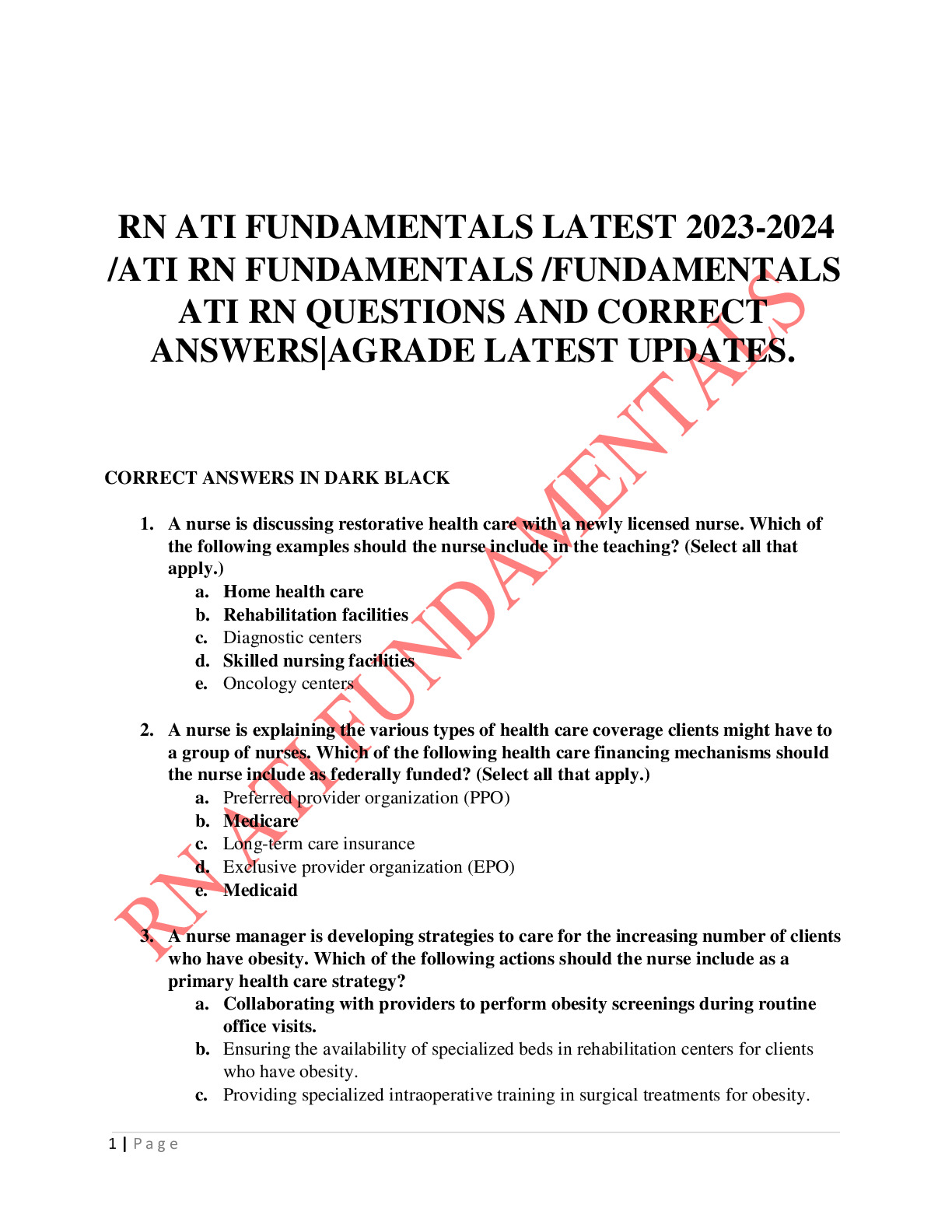 RN ATI FUNDAMENTALS LATEST 2023-2024  ATI RN FUNDAMENTALS /FUNDAMENTALS  ATI RN QUESTIONS AND CORRE