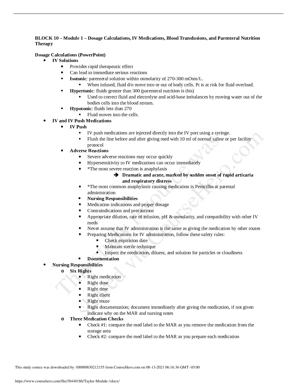 BLOCK 10 Module 1 Dosage Calculations, IV Medications, Blood ...