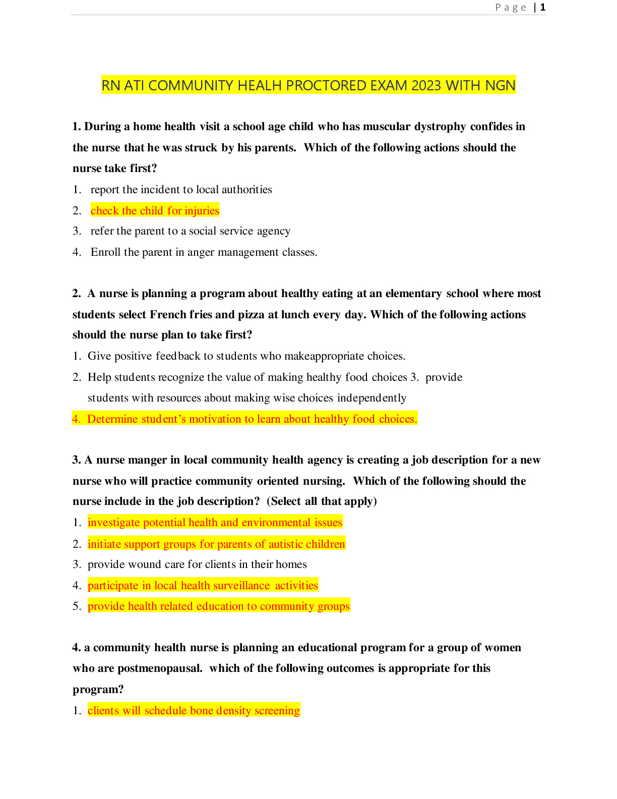 ATI RN COMMUNITY HEALTH EXAM 2021-2024 (3 versions with Answers) - DocMerit