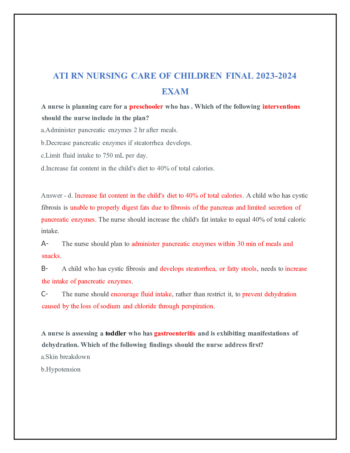 ATI NURSING CARE OF MATERNAL NEWBORN AND CHILDREN PROCTORED EXAM 2024