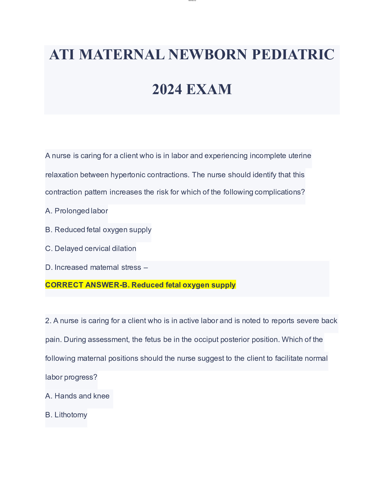 ATI RN MATERNAL PROCTORED ASSESSMENT 2023/2024(20 Versions)/RN ATI ...