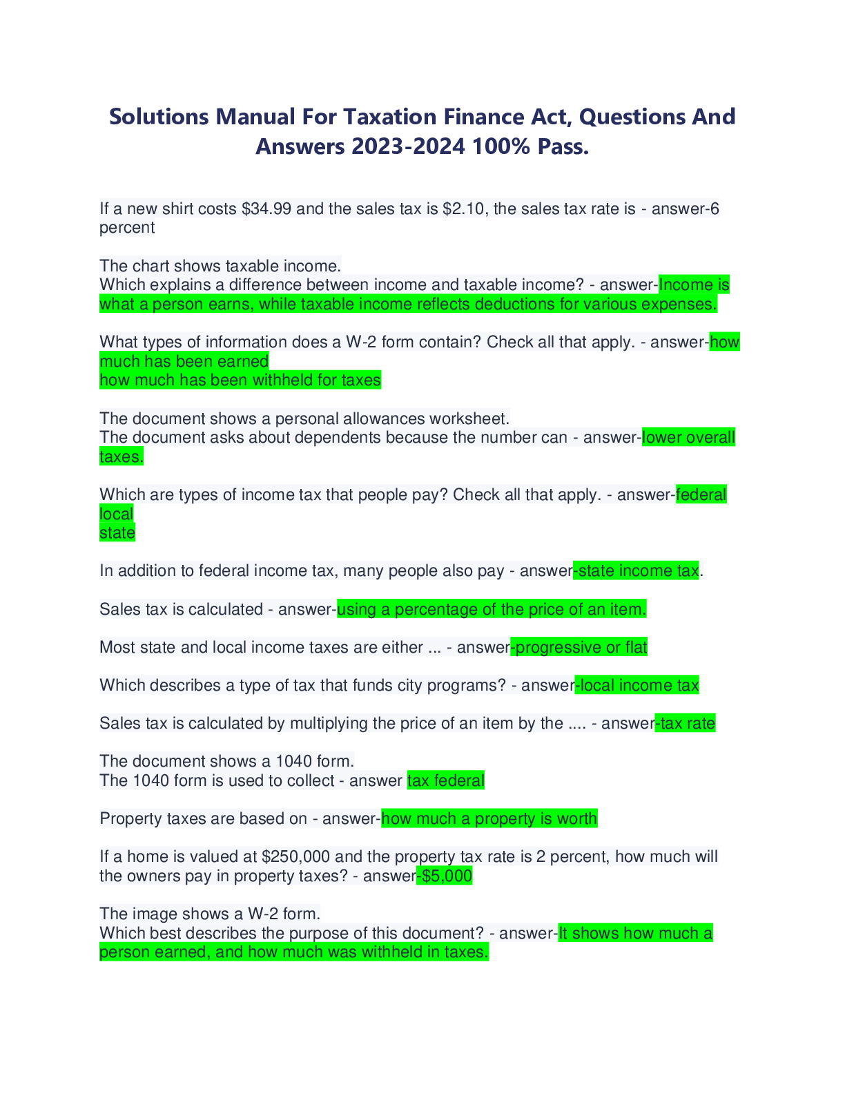 Solutions Manual For Taxation Finance Act, Questions And  Answers 2023-2024 100% Pass.