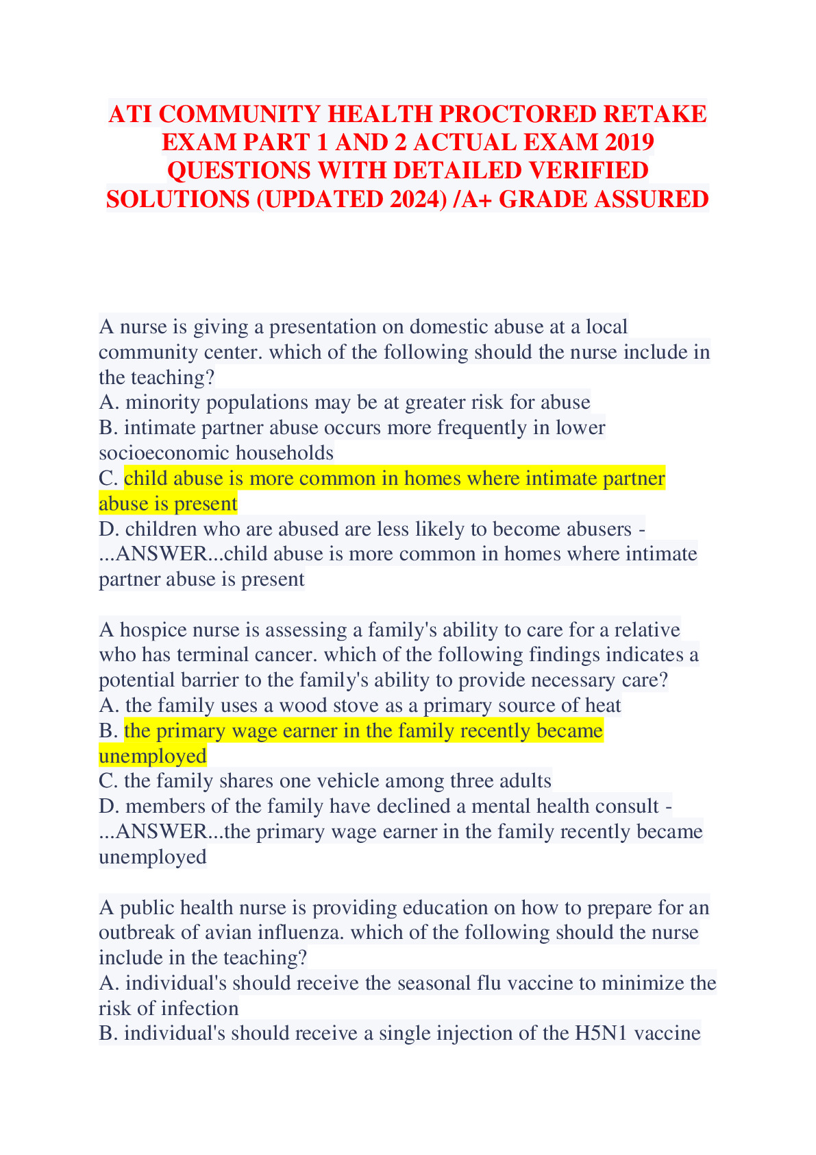 Ati Community Health Proctored Retake Exam Part 1 And 2 Actual Exam 2019 Questions With Detailed Ati Community Health Proctored Retake Exam Part 1 And 2 Actual Exam 2019 Questions With Detailed