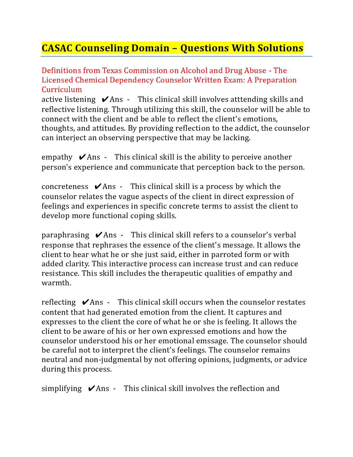 CASAC Counseling Domain Questions with Answers 100% Correct - DocMerit
