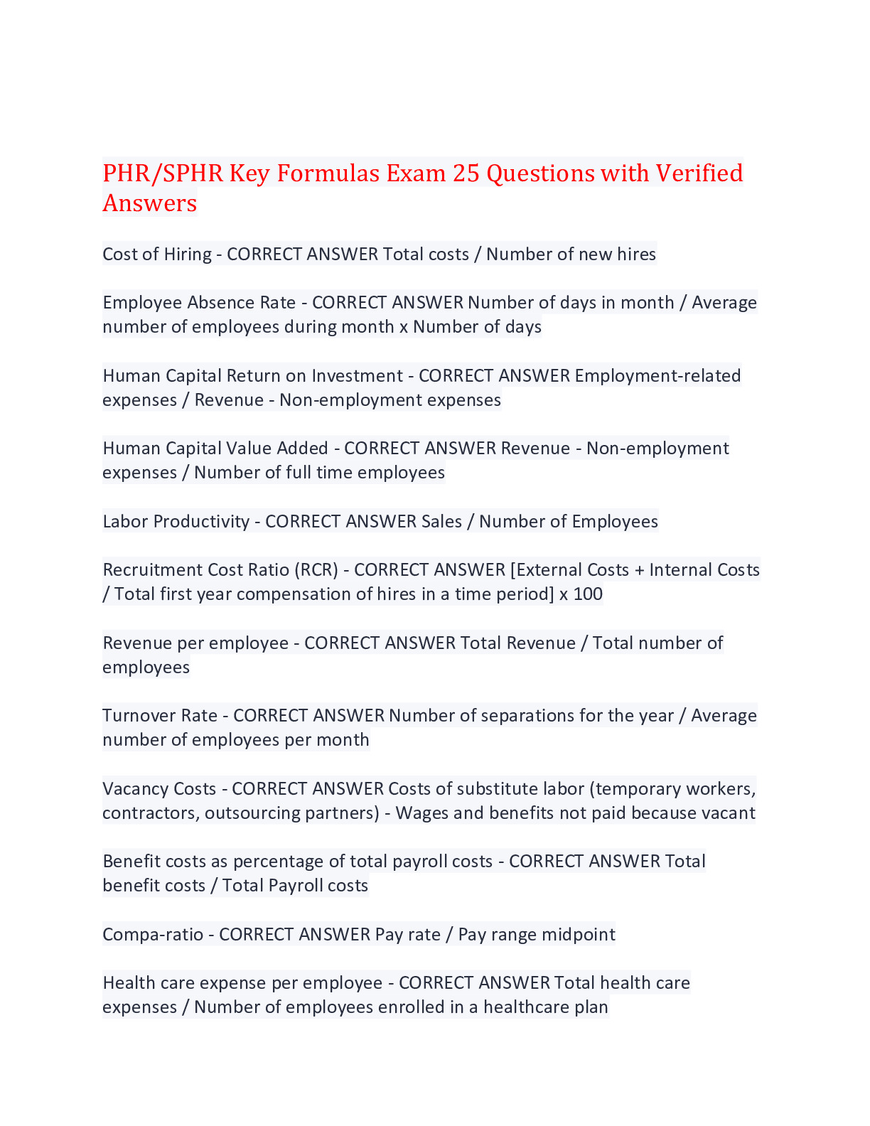 PHR/SPHR Key Formulas Exam 25 Questions with Verified Answers,100 