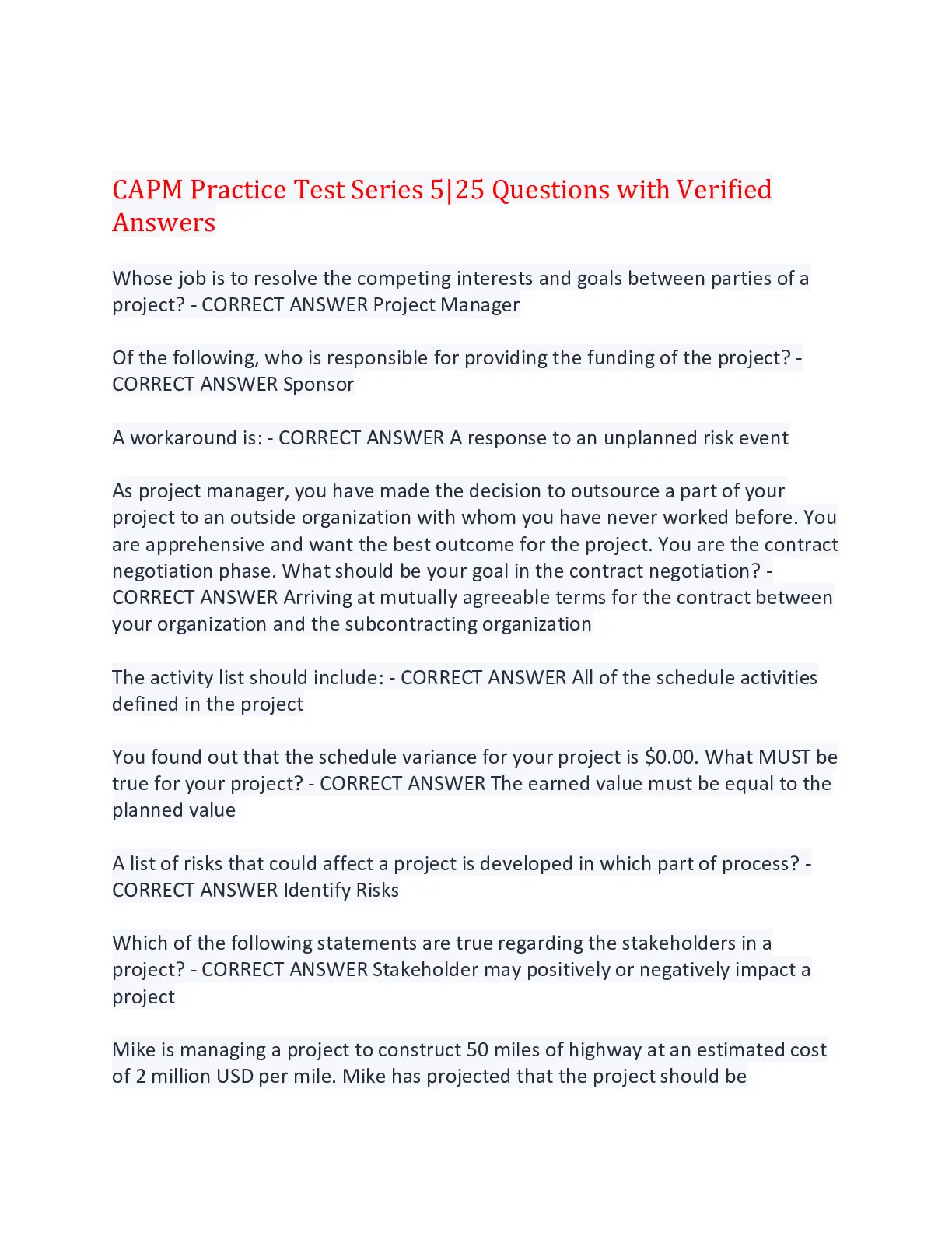CAPM Practice Test Series 5|25 Questions with Verified Answers,100% ...