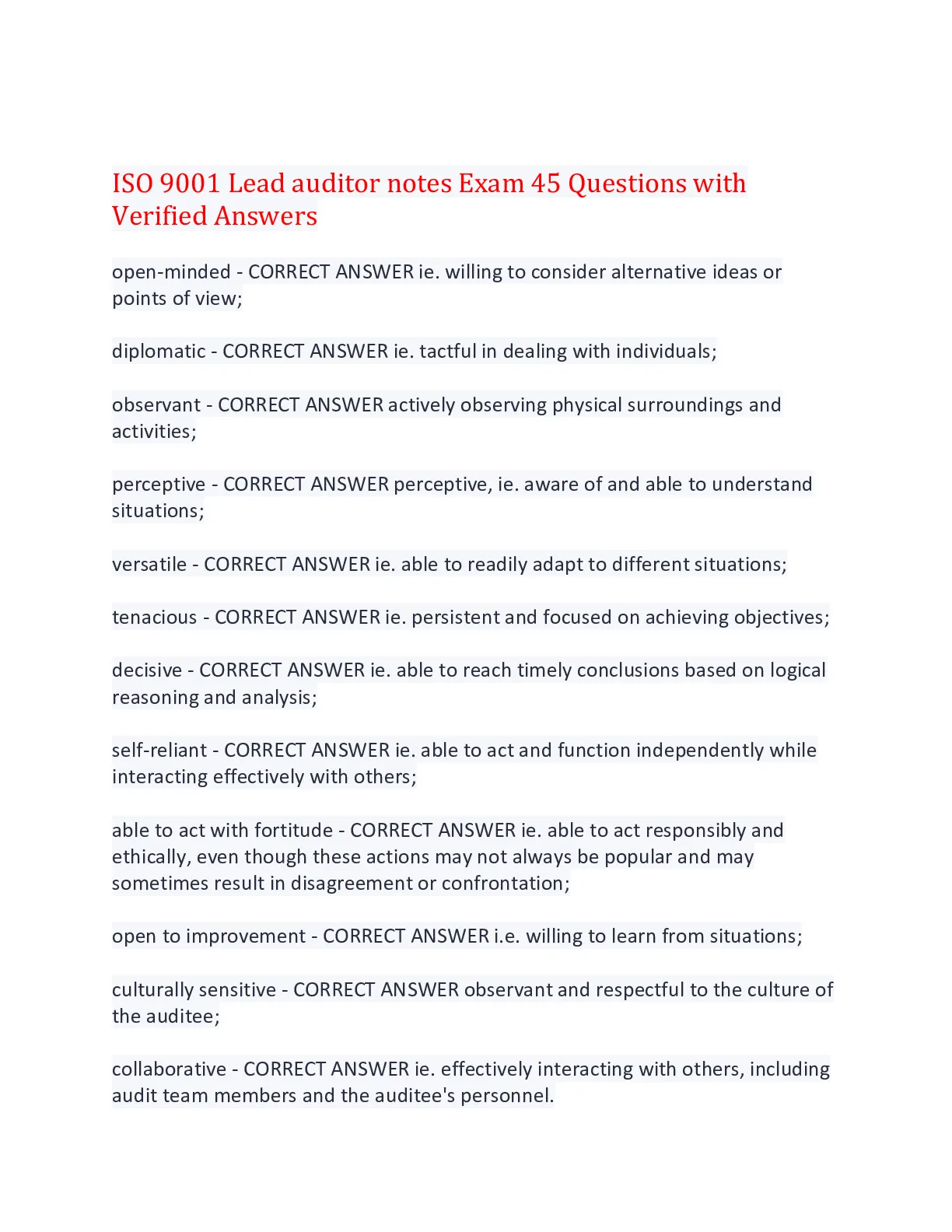 ISO 9001 Lead auditor notes Exam 45 Questions with Verified Answers,100 ...