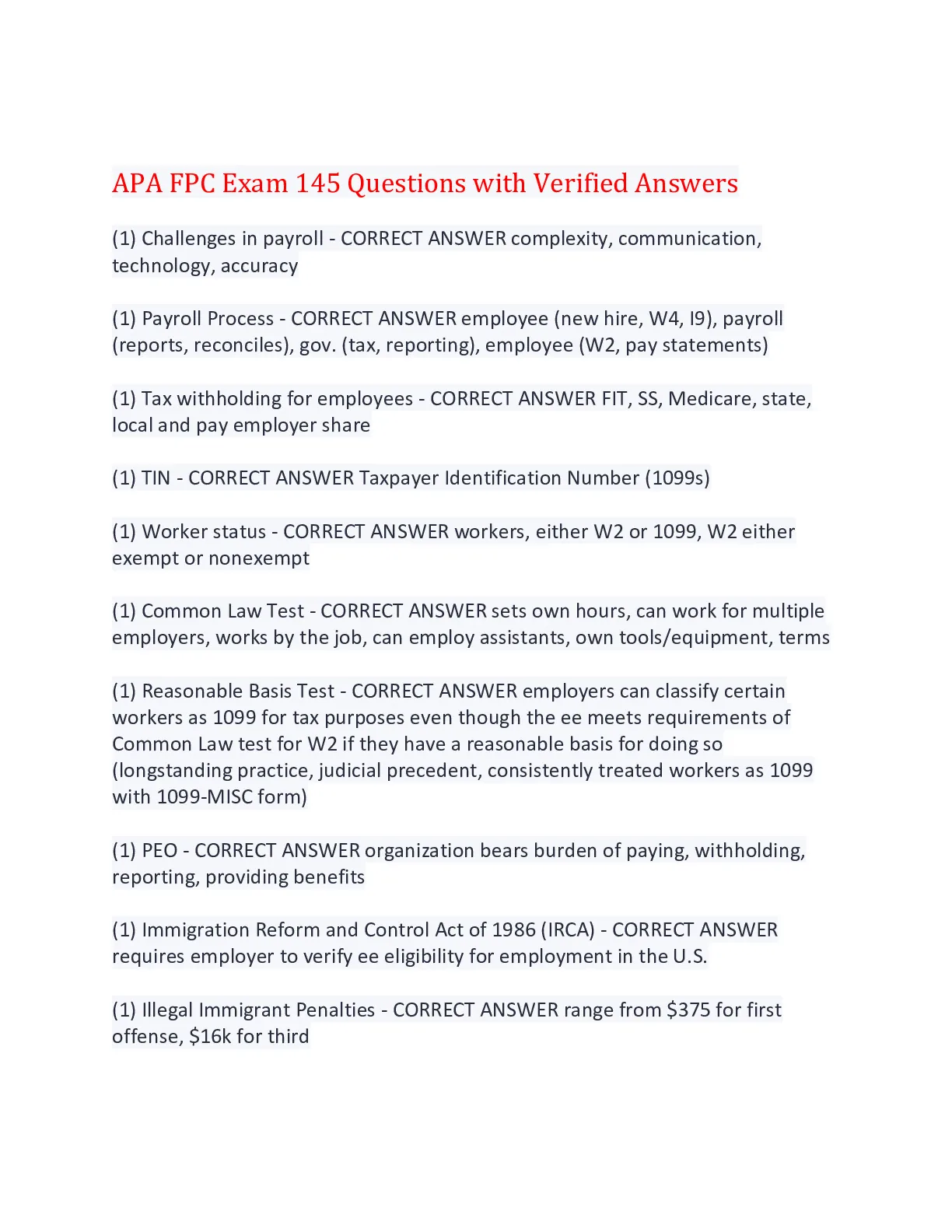 APA FPC Exam 145 Questions with Verified Answers,100% CORRECT - DocMerit