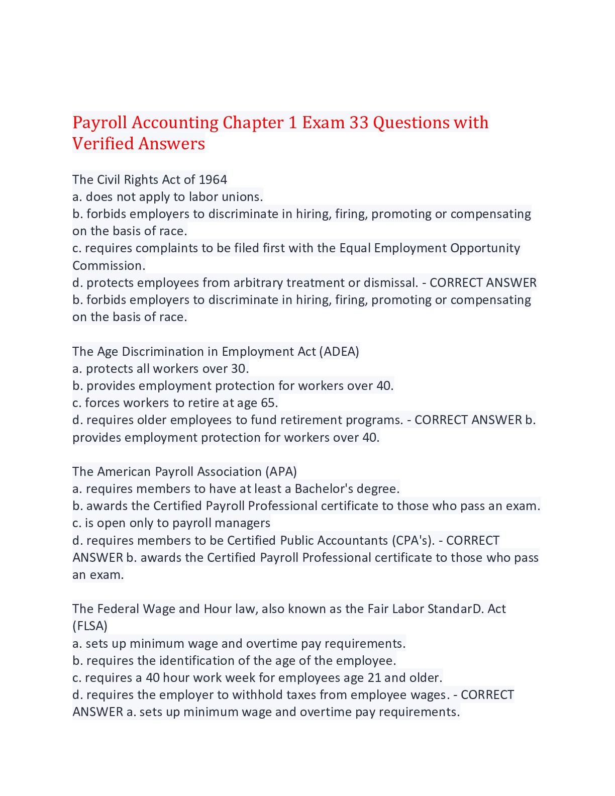 Payroll Accounting Chapter 1 Exam 33 Questions with Verified Answers ...