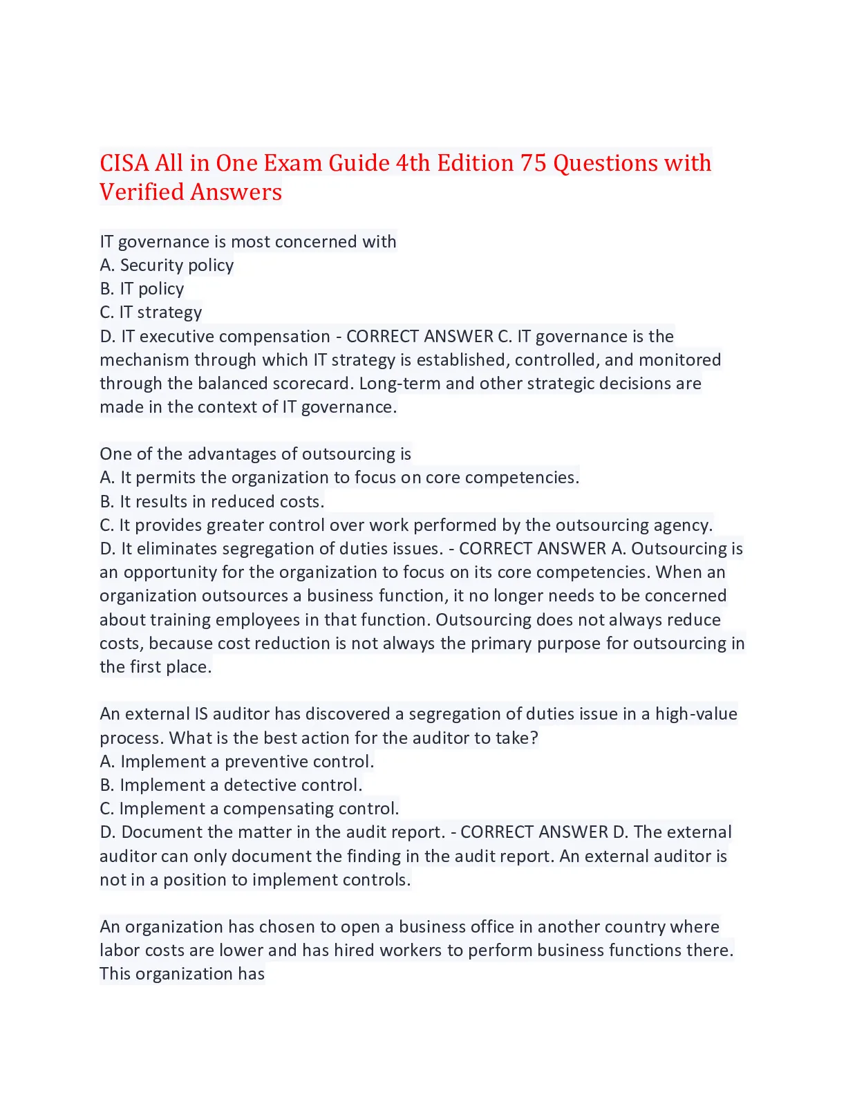 CISA All in One Exam Guide 4th Edition 75 Questions with Verified ...