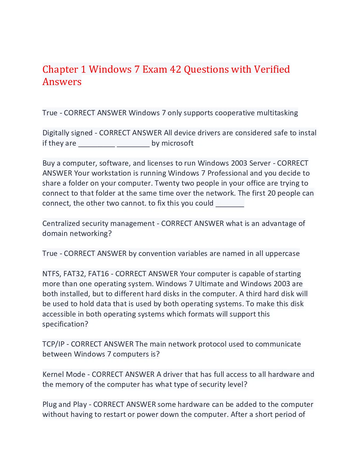 Chapter 1 Windows 7 Exam 42 Questions with Verified Answers,100% ...