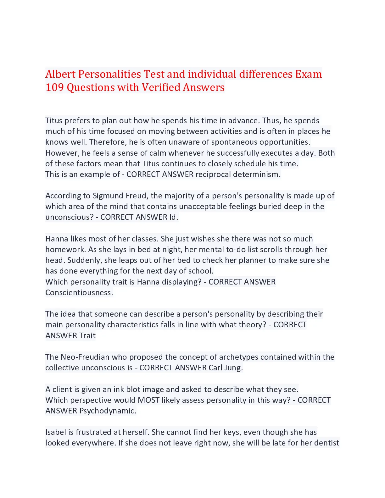 Albert Personalities Test and individual differences Exam 109 Questions ...