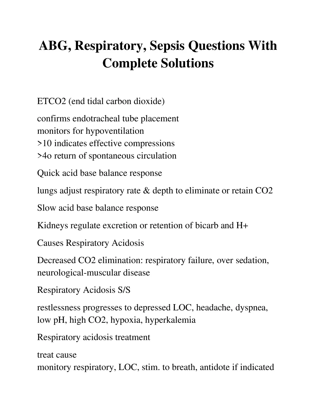ABG, Respiratory, Sepsis Questions With Complete Solutions - DocMerit