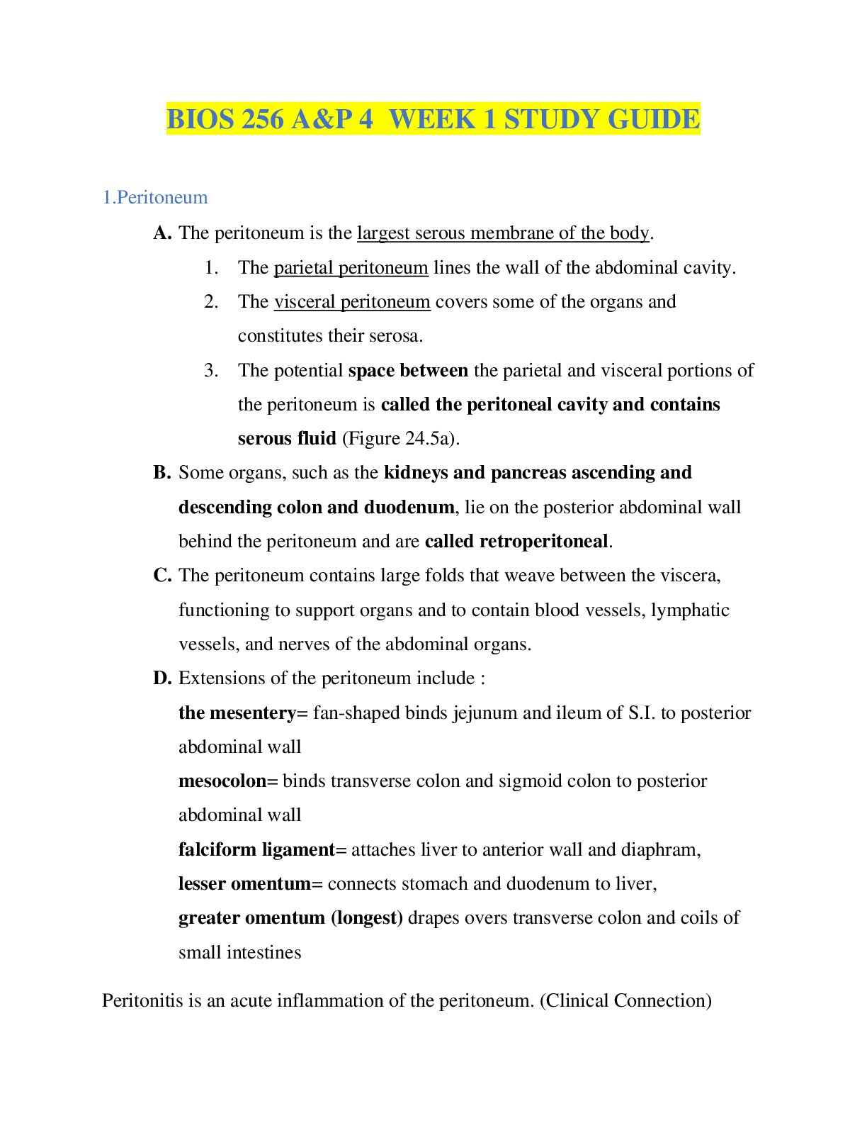 BIOS 256  (A&P 4)  WEEK 1 STUDY GUIDE