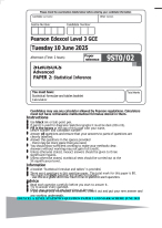 EDEXCEL A LEVEL STATISTICS QUESTION PAPER 2 AND MARK SCHEME JUNE 2025