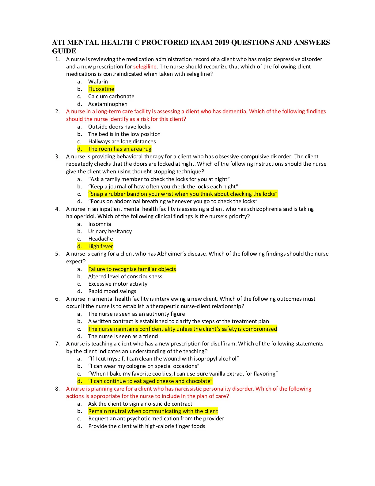 ATI MENTAL HEALTH C PROCTORED EXAM 2019 QUESTIONS AND ANSWERS GUIDE ...