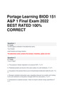 Portage Learning BIOD 151 A&P 1 Final Exam 2022 BEST RATED 100% CORRECT