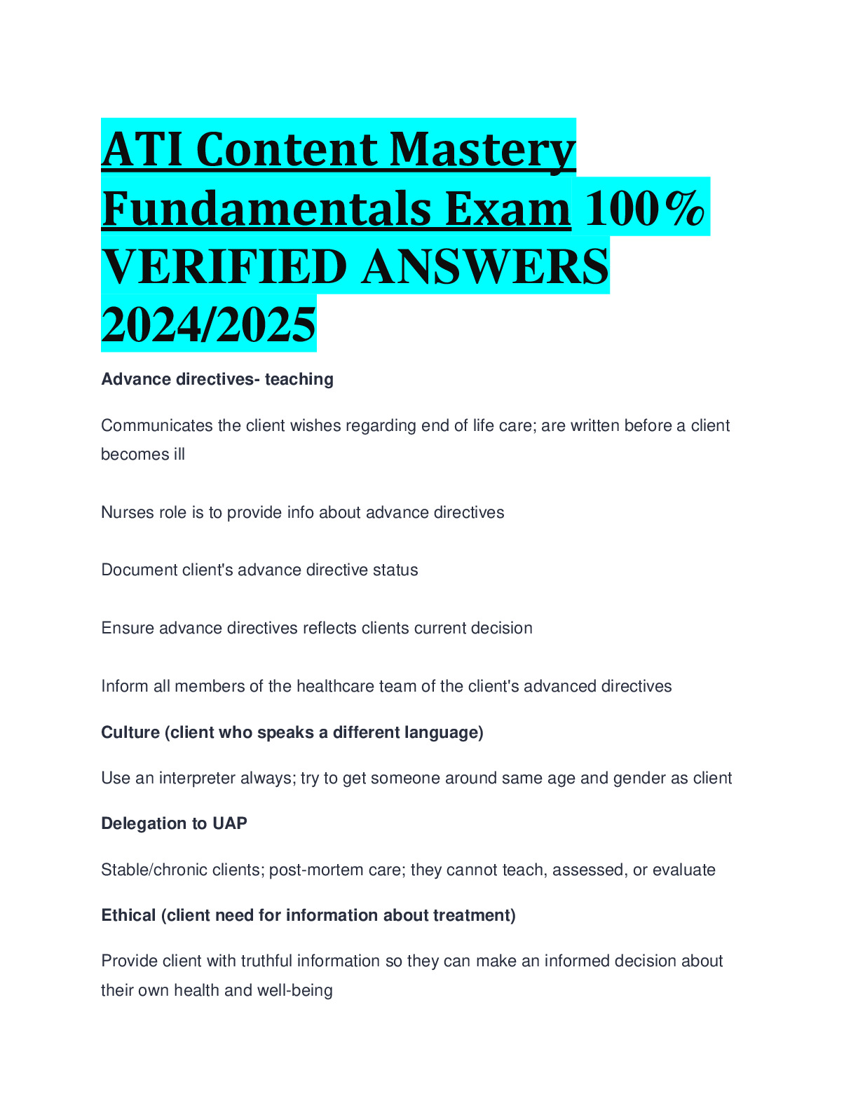Ati content mastery fundamentals exam 100 verified answers 2024 2025