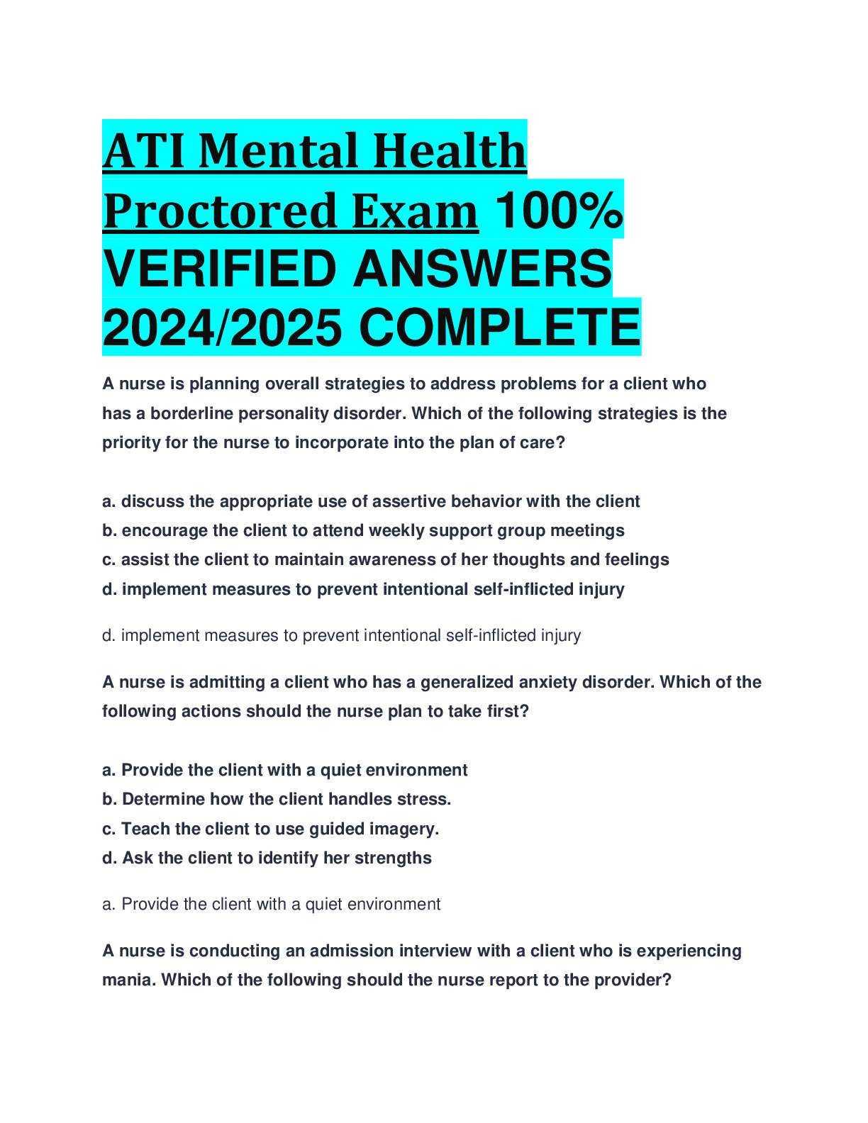 ATI Mental Health Proctored Exam 100 VERIFIED ANSWERS 2024/2025