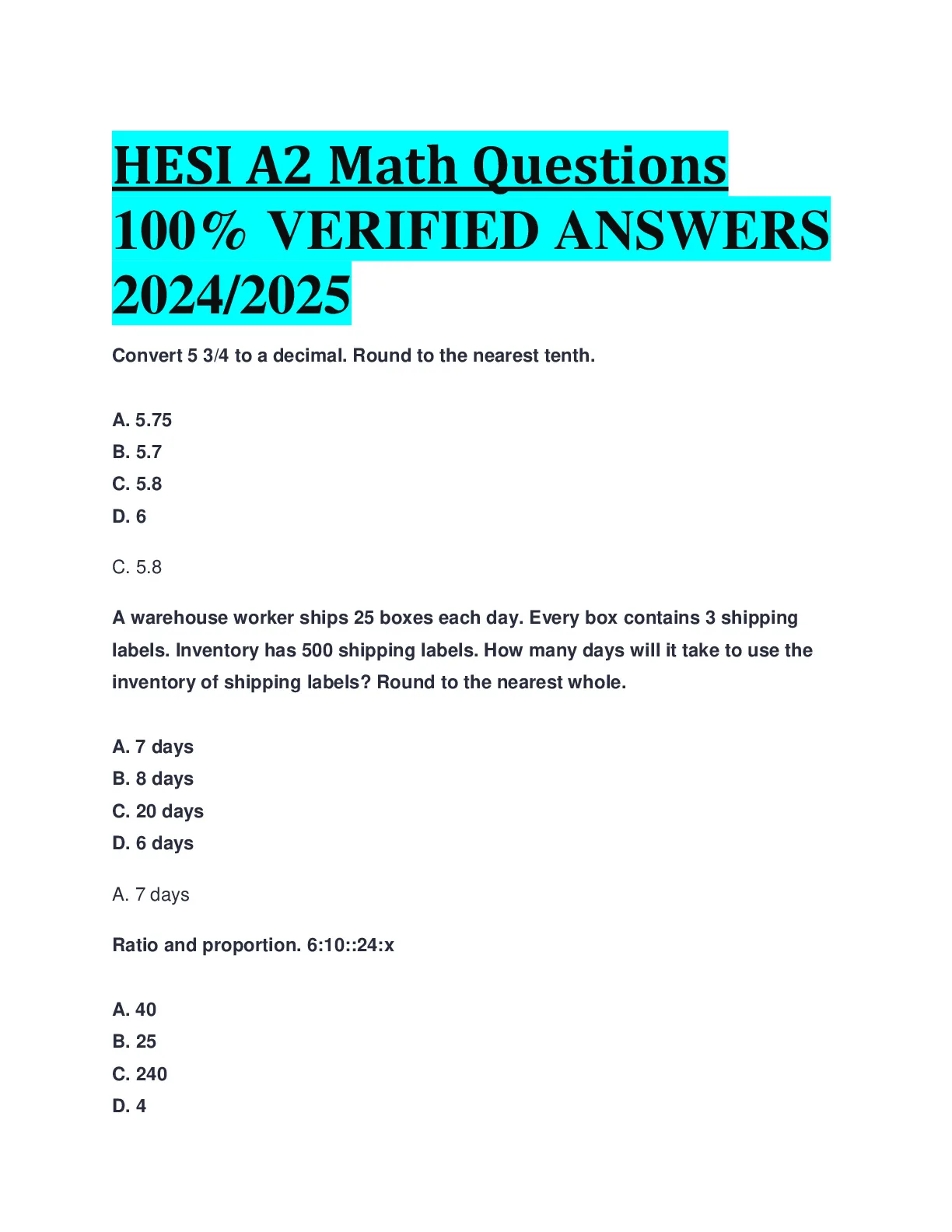 HESI A2 Math Questions ANSWERS 2024/2025 - DocMerit
