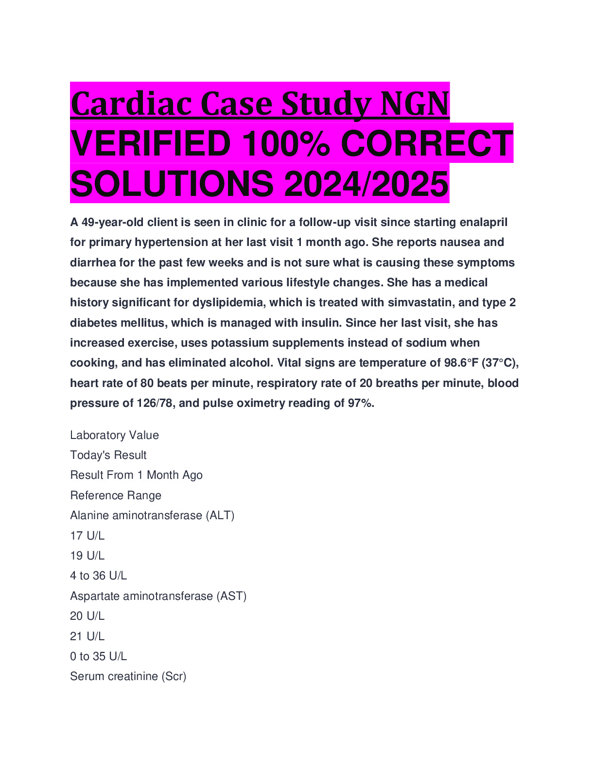 Cardiac Case Study NGN VERIFIED 100% CORRECT  SOLUTIONS 2024/2025