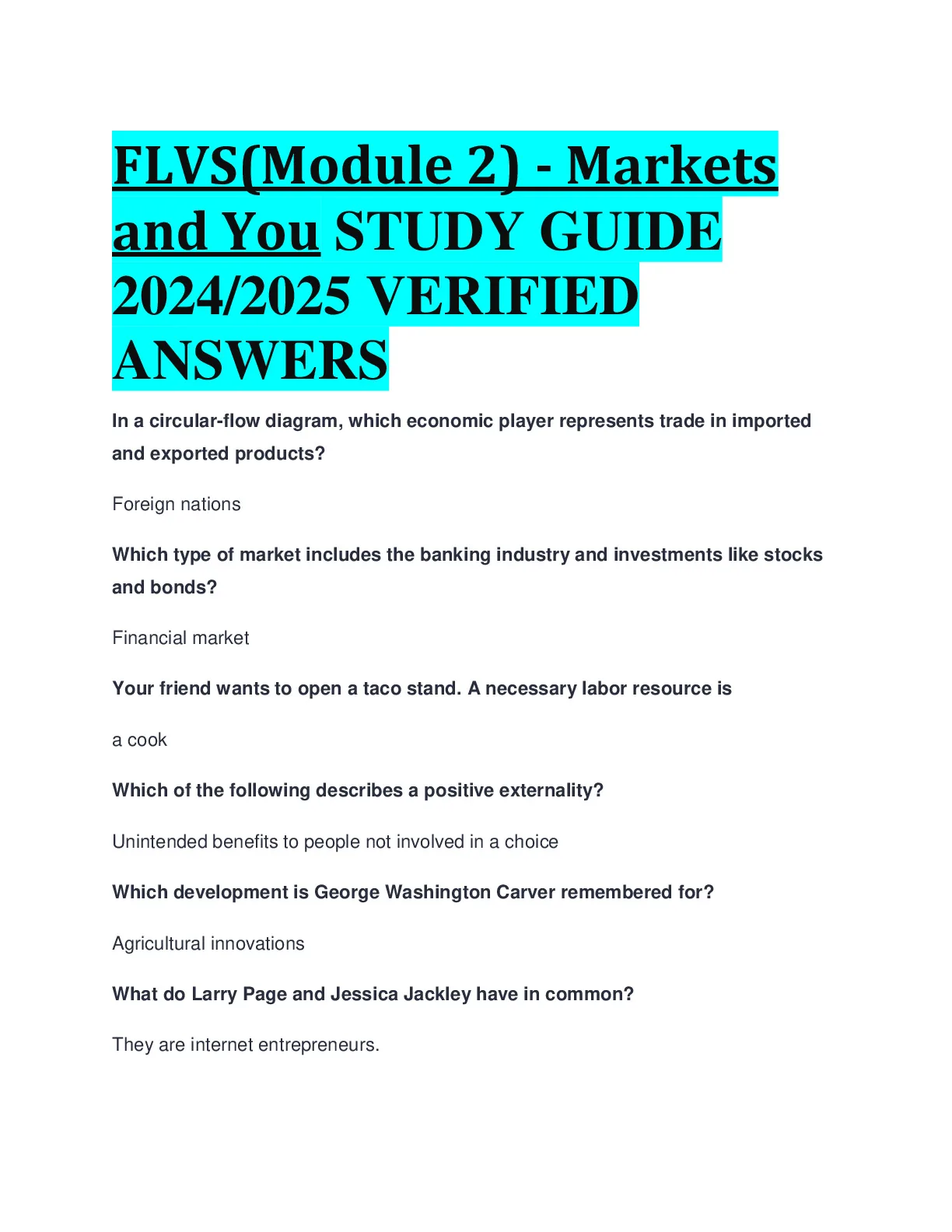 FLVS(Module 2) - Markets and You STUDY GUIDE 2024/2025 - DocMerit