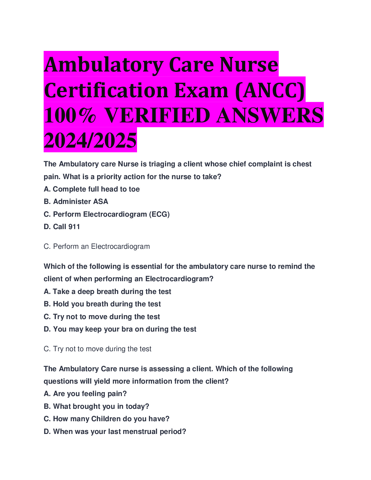 Ambulatory Care Nurse Certification Exam (ANCC) 100 VERIFIED ANSWERS