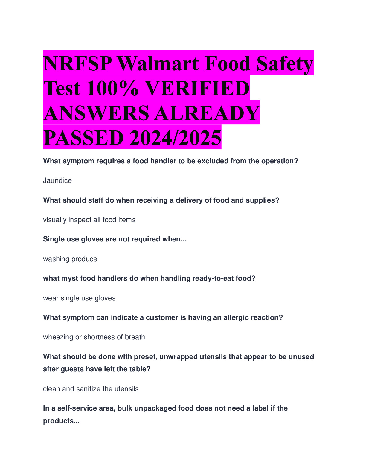 NRFSP Walmart Food Safety Test 100% VERIFIED ANSWERS ALREADY PASSED ...