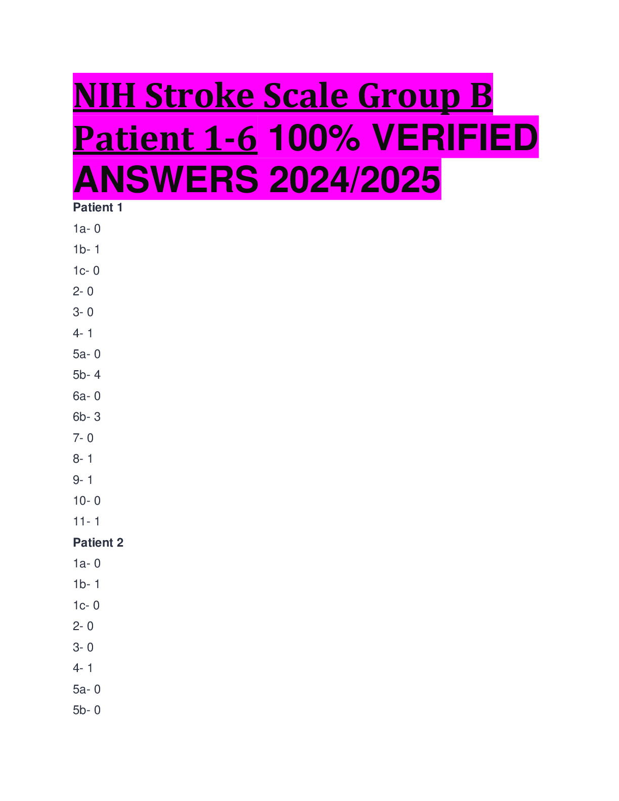NIH Stroke Scale Group B Patient 1-6 100% VERIFIED ANSWERS 2024/2025