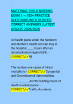 MATERNAL-CHILDNURSINGEXAM1—100+PRACTICEQUESTIONSWITHVERIFIEDCORRECTANSWERS|LATESTUPDATE2025/2026