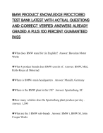 BMW PRODUCT KNOWLEDGE PROCTORED TEST BANK LATEST WITH ACTUAL QUESTIONS AND CORRECT ANSWERS