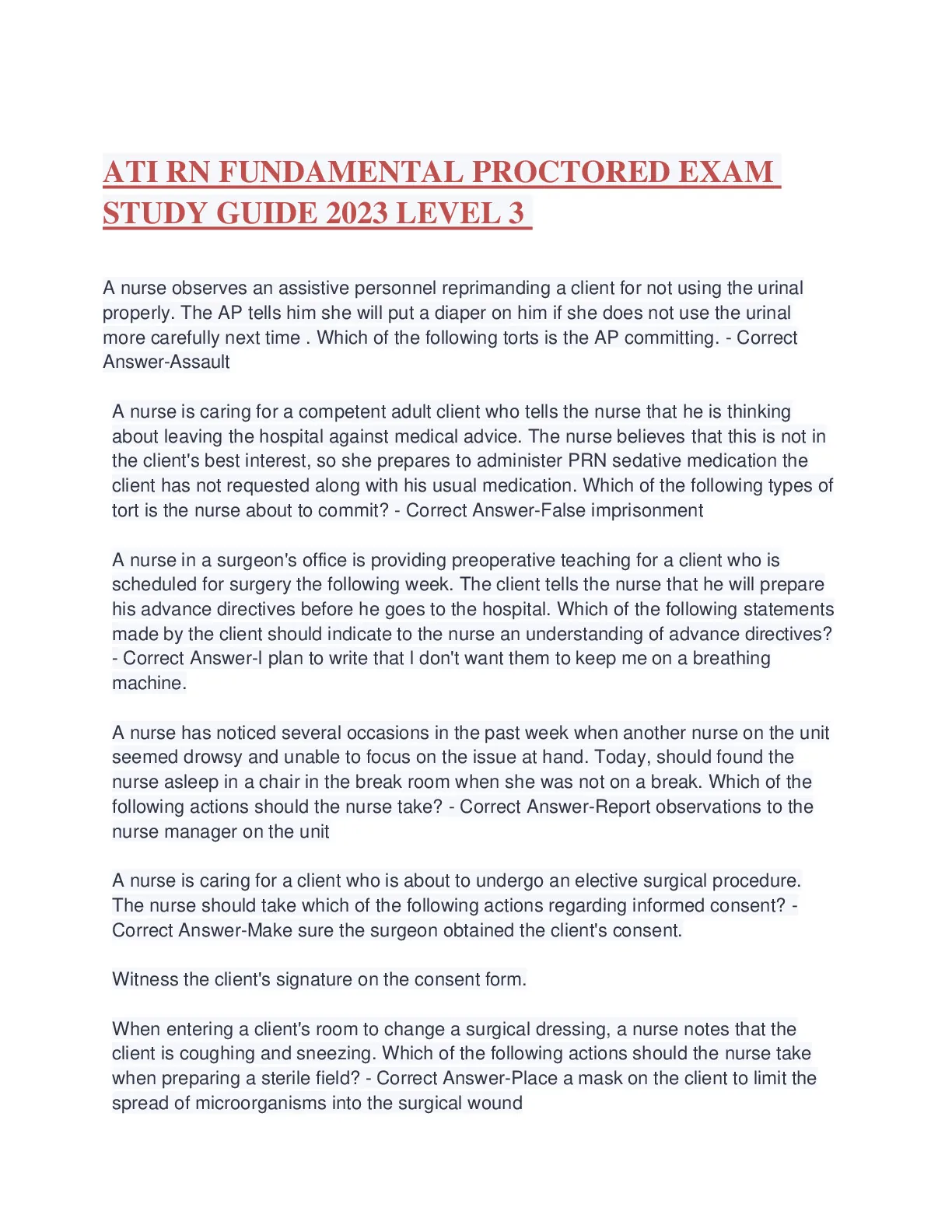 ATI RN FUNDAMENTAL PROCTORED EXAM STUDY GUIDE 2023 LEVEL 3