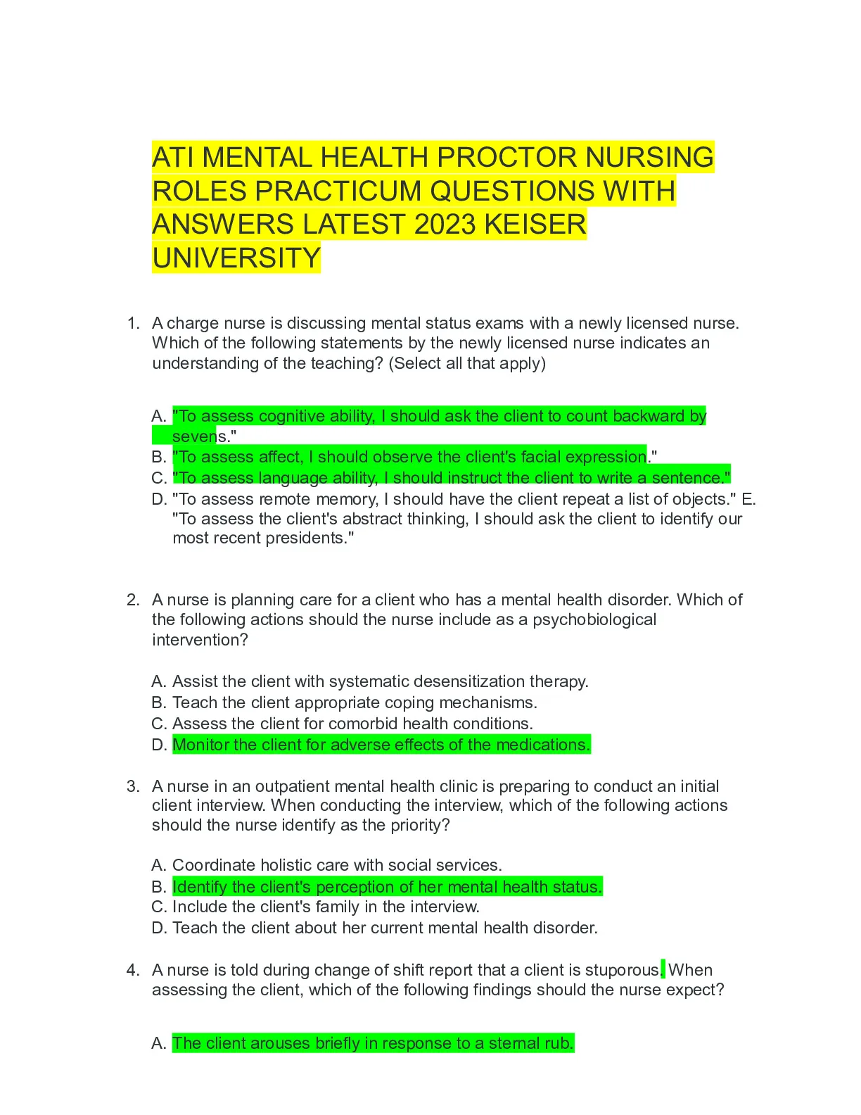 ATI MENTAL HEALTH PROCTOR NURSING ROLES PRACTICUM QUESTIONS WITH ...